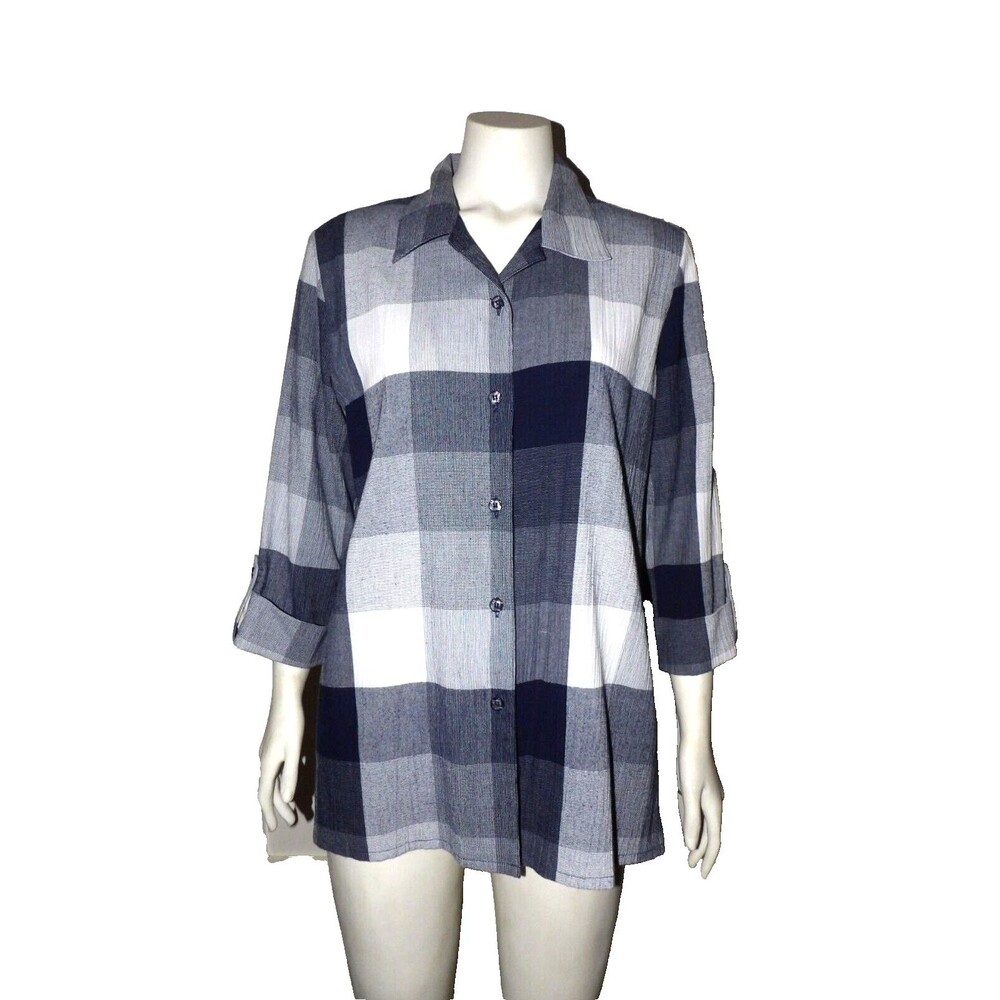 Allison Daley Vintage Blue White Button Up Blouse 3/4 Sleeve Roll Tab Size 10